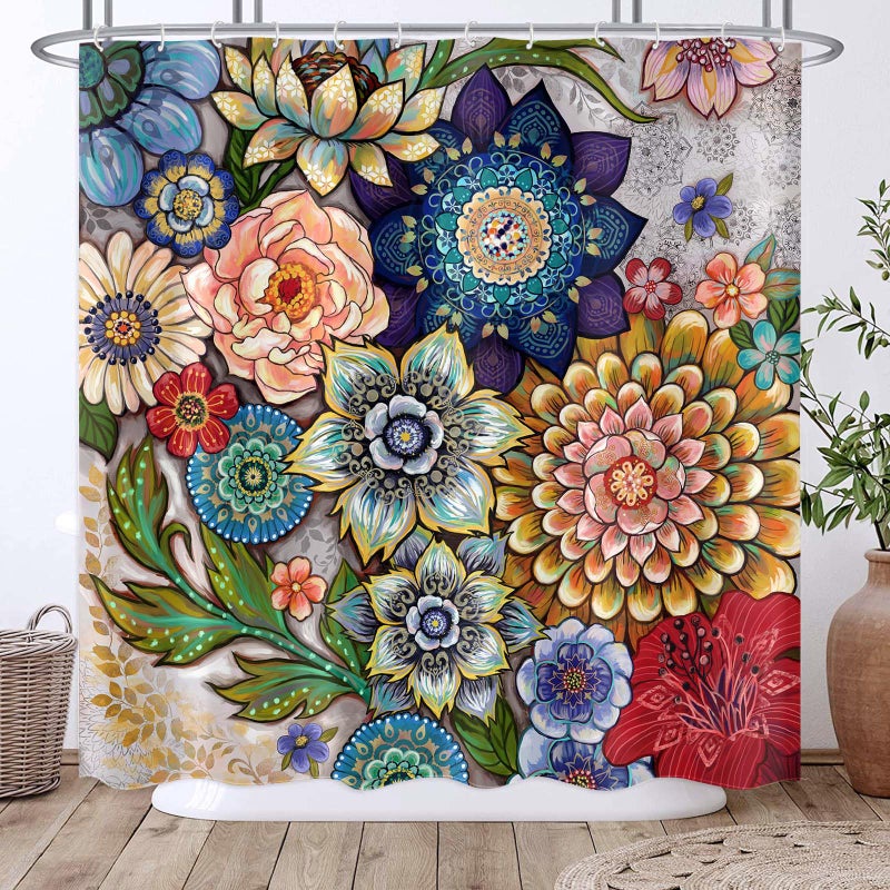 Neasow Boho Floral Shower Curtains for Bathroom, Bright Fabric Blossom Shower Curtain with 12 Hooks, Multi Color 72"Ã—72" - Image 3